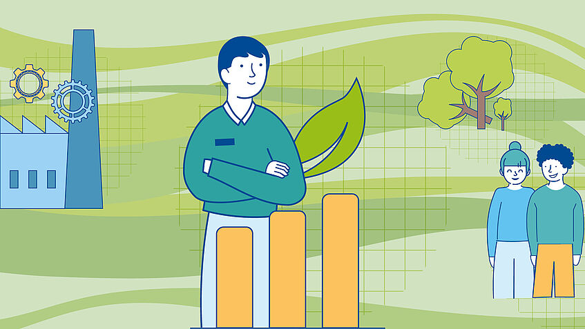 Illustration, die einen Unternehmer vor einem Firmengebäude zeigt sowie Mitarbeitende, alles ist mit einem grünen Fond unterlegt
