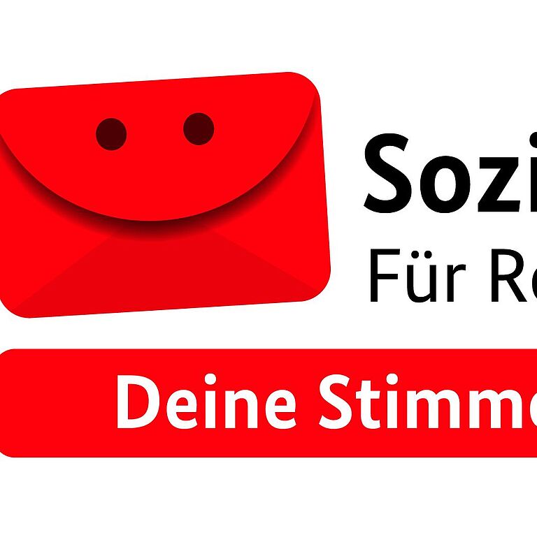 Logo Sozialwahl 2023 Sozialwahl 2023 mit rotem Briefumschlag und Smiley