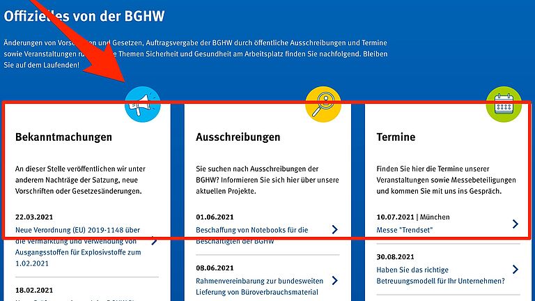 Aufzeigen der verschiedenen Teaser zu Terminen auf der Internetseite der BGHW