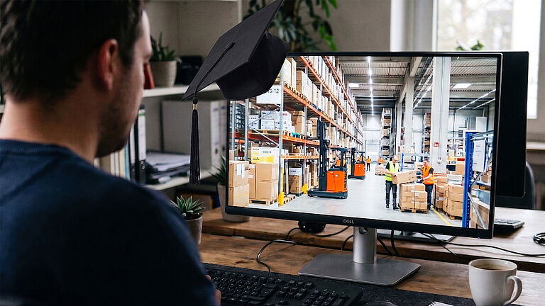 Ein Mann sitzt am Schreibtisch vor einem Monitor, darauf zu sehen: eine Lagerhalle. An dem Monitor hängt ein schwarzer Absolventenhut.