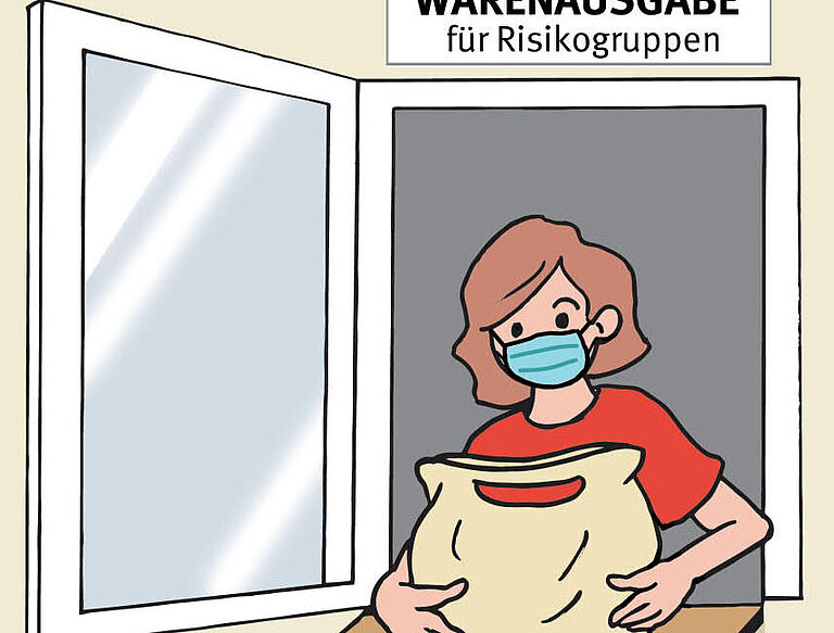Eine Frau gibt die Ware aus einem Fenster an den Käufer raus