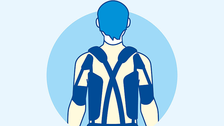 Illustration zeigt eine Person in Rückenansicht mit einem Exoskelett