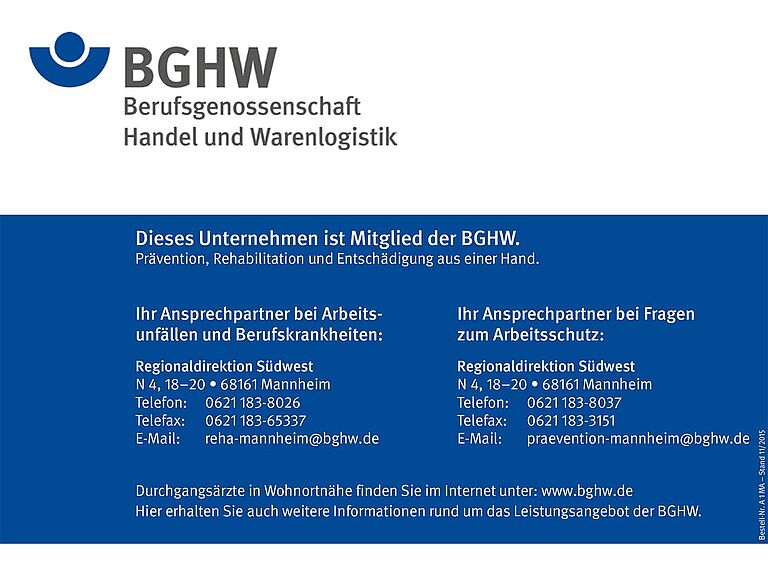 Beispiel für einen BGHW Zugehörigkeitsaushang der Regionaldirektion Südwest