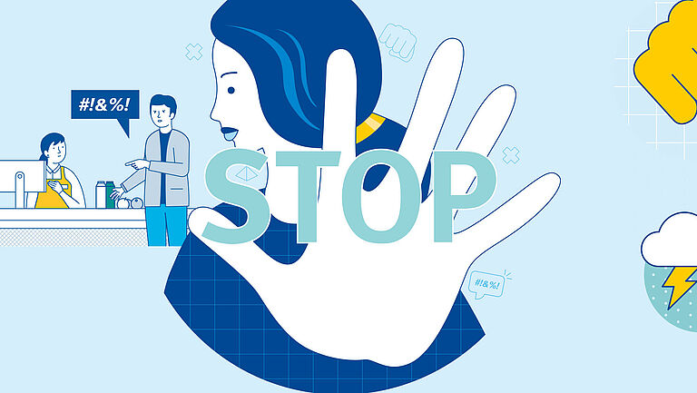 Illustration, die eine Frau zeigt, die mit ihrer Hand eine deutliche Stop-Geste zeigt.