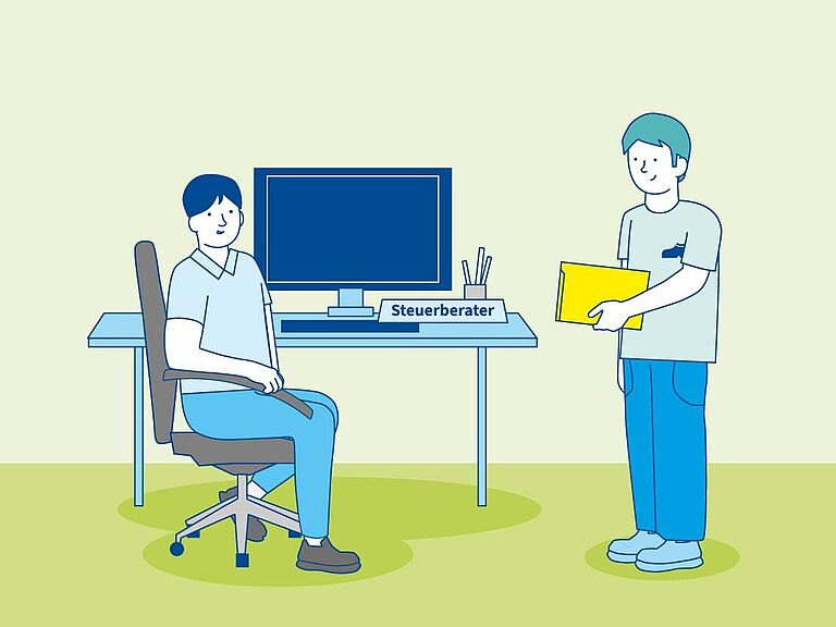 Der Unternehmer eines Schuhgeschäftes steht am Schreibtisch es Steuerberaters.