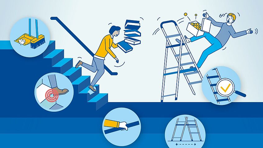 Illustration von einer Frau, die eine Treppe herunterstürzt, daneben fällt ein Mann von einer Leiter
