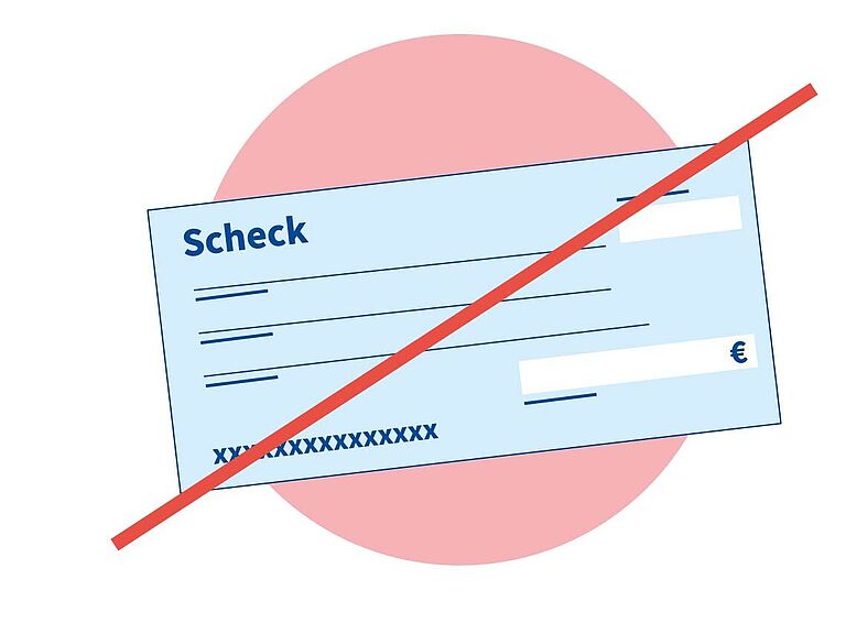 Zeichnung: Scheck ist mit diagonalem, roten Strich durchgestrichen.