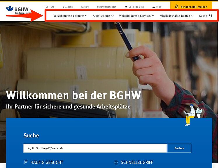 Aufzeigen des Menüs auf der Internetseite der BGHW