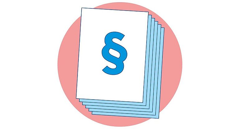 Zeichnung von 6 Papierblättern. Oberes Blatt zeigt Paragraphenzeichen.