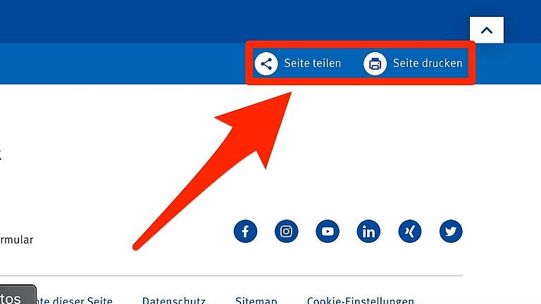 Drucken und Teilen in der Fußzeile (Footer) auf BGHW.de