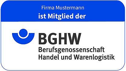 Grafik mit dem Schriftzug „Firma Mustermann ist Mitglied der BGHW“. Darunter das Logo der Berufsgenossenschaft Handel und Warenlogistik (BGHW) mit blauem Symbol und der Bezeichnung „BGHW Berufsgenossenschaft Handel und Warenlogistik“ auf weißem Hintergrund. Der obere Bereich der Grafik ist blau hinterlegt.