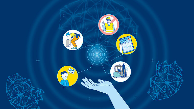 Illustration zu KI-Anwendungen in der Arbeitswelt: Vernetzte Symbole zeigen Einsatzbereiche wie Arbeitsschutz, Datenanalyse, Logistik und Assistenzsysteme.