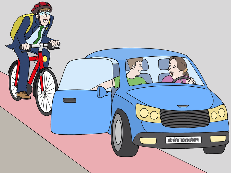 Ein Fahrradfahrer auf dem Fahrradweg steht kurz vor dem Zusammenstoß mit der geöffneten Beifahrertür eines parkenden PKW
