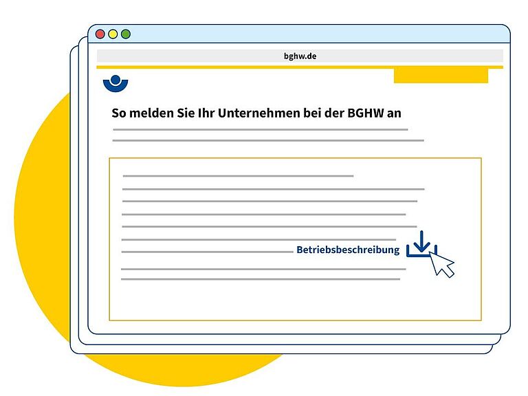 Internetseite der BGHW wird als Zeichnung dargestellt. Hervorgehoben ist die Betriebsbeschreibung als Download.