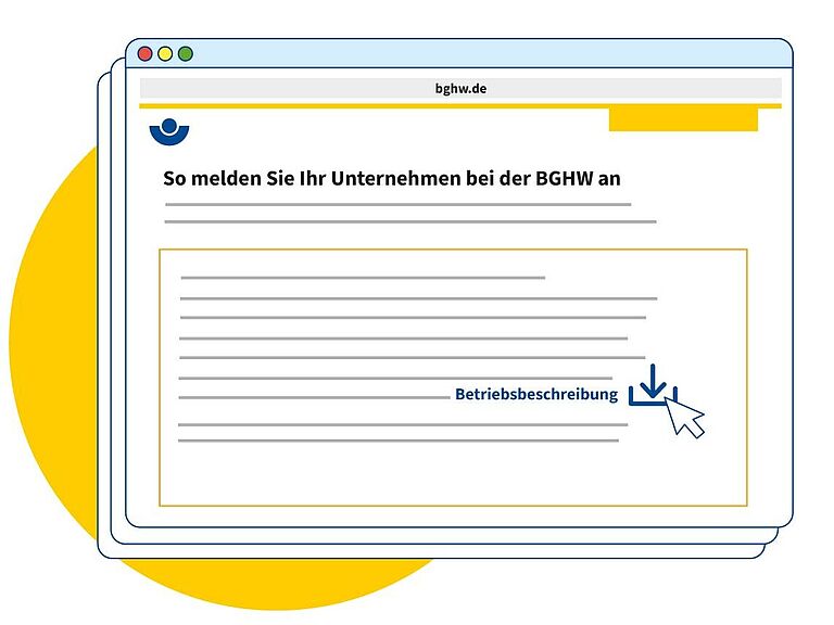 Internetseite der BGHW wird als Zeichnung dargestellt. Hervorgehoben ist die Betriebsbeschreibung als Download.