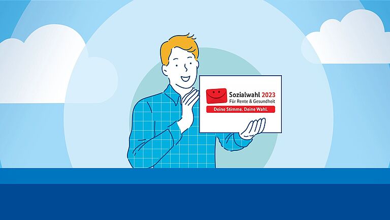 Illustration, die eine Person zeigt, die das Logo der Sozialwahl 2023 – einen roten Briefumschlag – in den Händen hält