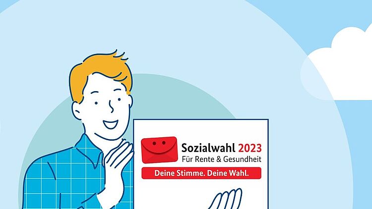 Illustration, die eine Person zeigt, die das Logo der Sozialwahl 2023 – einen roten Briefumschlag – in den Händen hält