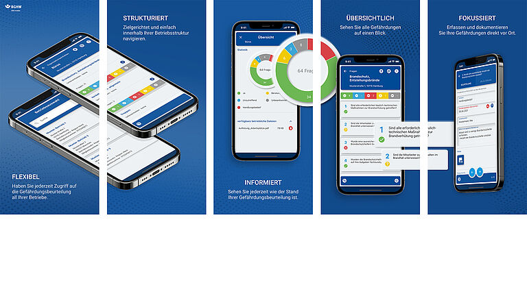 Ansichten der App auf dem Smartphone, welche die vorteilhaften Eigenschaften der App hervorhebt: flexibel, strukturiert, informiert, übersichtlich und fokussiert.