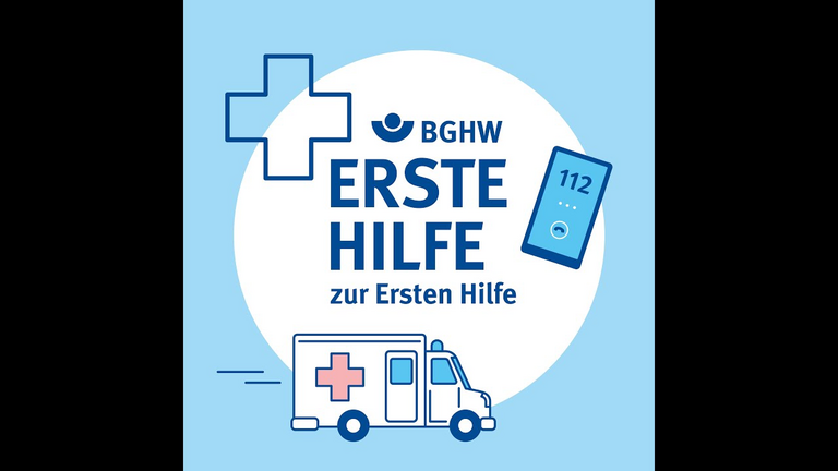 Startbild des Videos "Erste Hilfe zur Ersten Hilfe" der BGHW mit einem Krankenwagen und einem Handy, das die Notrufnummer 112 anzeigt sowie einem Kreuz, welches das Erste-Hilfe-Rettungszeichen symbolisiert.