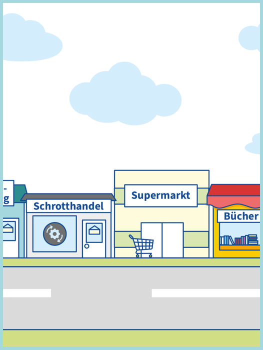 Straße mit Geschäften symbolisiert die unterschiedlichen Gewerbezweige wie z. B. Zeitungszustellung, Schrotthandel, Supermarkt, Bücher, Tankstelle, Textil.