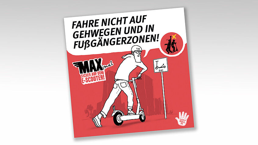 Ein E-Scooterfahrer fährt auf eine Fußgängerzone zu, dazu der Tipp: Fahre nicht auf Gehwegen und in Fußgängerzonen. Ein Schild zeigt die Ausnahme an: E-Scooter frei