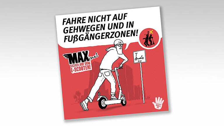 Ein E-Scooterfahrer fährt auf eine Fußgängerzone zu, dazu der Tipp: Fahre nicht auf Gehwegen und in Fußgängerzonen. Ein Schild zeigt die Ausnahme an: E-Scooter frei
