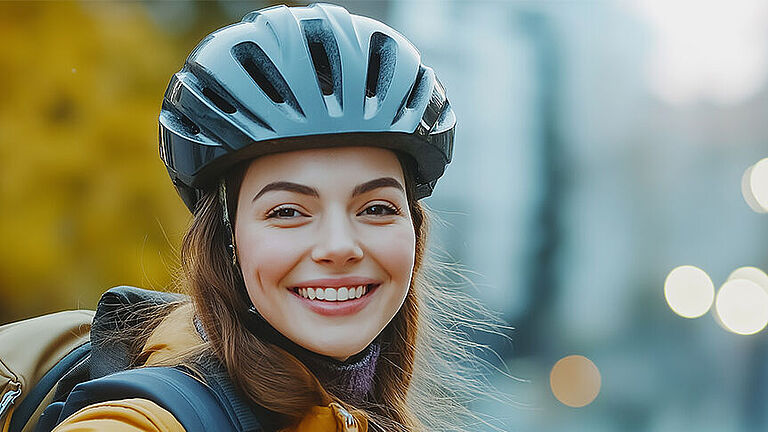Eine junge Frau mit Fahrradhelm auf dem Kopf lächelt in die Kamera.