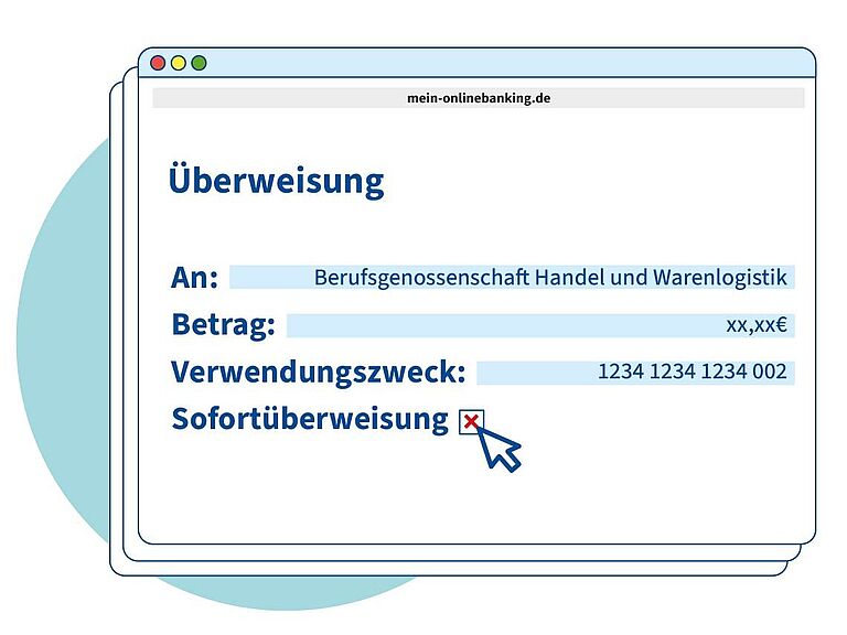 Zeichnung: Überweisung. Inhalte sind "An" (Empfänger BGHW), Betrag und Verwendungszweck. Sofortüberweisung Kästchen ist mit rotem Kreuzchen ausgewählt.