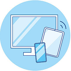 Icon. Zeichnung. Monitor, Tablet und Smartphone stehen für die Nutzung auf verschiedenen Geräten.