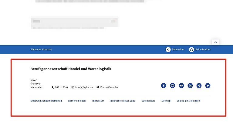 Fußzeile (Footer) auf BGHW.de