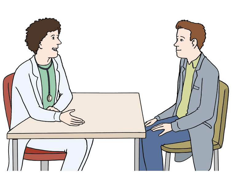 Ein Arzt und sein Patient sitzen am Tisch. Der Arzt berät den Patienten