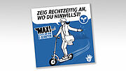 Eine E-Scooterfahrerin zeigt einen Richtungswechsel per Handzeichen an, dazu der Tipp: Zeig rechtzeitig an, wo Du hinwillst!