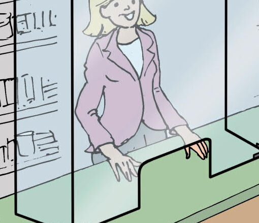 Frau hinter Theke mit Plexiglasscheibe