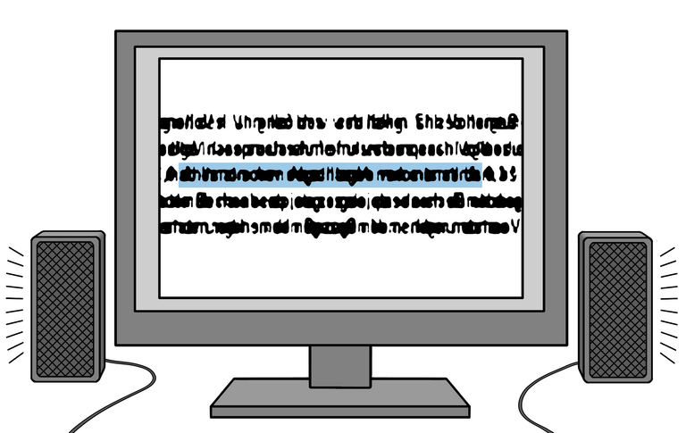 Ein Bildschirm mit zwei angeschlossenen Boxen. Aus den Boxen ertönt Ton und auf dem Bildschirm ist Text zu sehen, von dem ein Teil markiert ist.