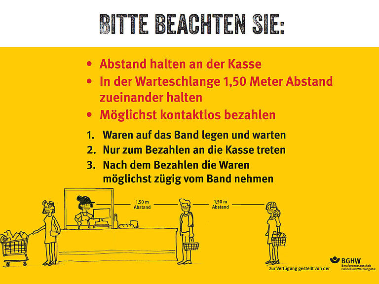 Plakat: Bitte 1,50m Abstand zur nächsten Person an der Kasse halten