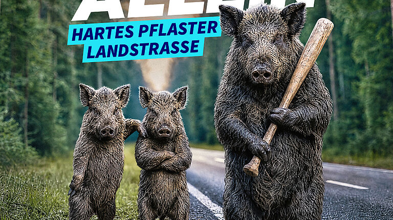 „Sau kommt selten allein“ steht in weißer Schrift über einem Wildschwein-Motiv. Eine Sau und zwei Frischlinge stehen aufrecht auf einer Landstraße und schauen den Betrachter an. Die Sau trägt einen Baseballschläger.