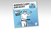 Ein E-Scooterfahrer steht an seinem E-Scooter und verweist ein Piktogramm mit durchgestrichener Flasche, dazu der Tipp: Alkohol, geht gar nicht!