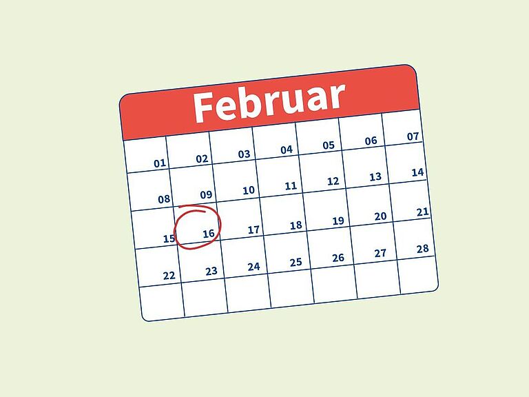 Zeichnung: Kalender mit Monatsblatt Februar. Der 16. ist umkreist.