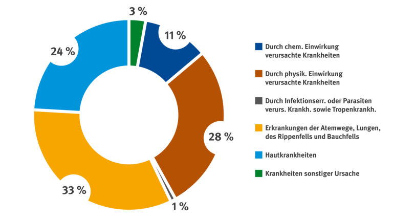 Ringdiagramm zur Verteilung der Verdachtsanzeigen auf Berufskrankheiten. Den größten Anteil machen Erkrankungen der Atemwege, Lungen, des Rippenfells und Bauchfells mit 33 % aus. Es folgen durch physikalische Einwirkungen verursachte Krankheiten mit 28 %, Hautkrankheiten mit 24 % sowie durch chemische Einwirkungen verursachte Krankheiten mit 11 %. Krankheiten sonstiger Ursache machen 3 % aus, Infektions- oder Parasitenkrankheiten sowie Tropenkrankheiten 1 %.