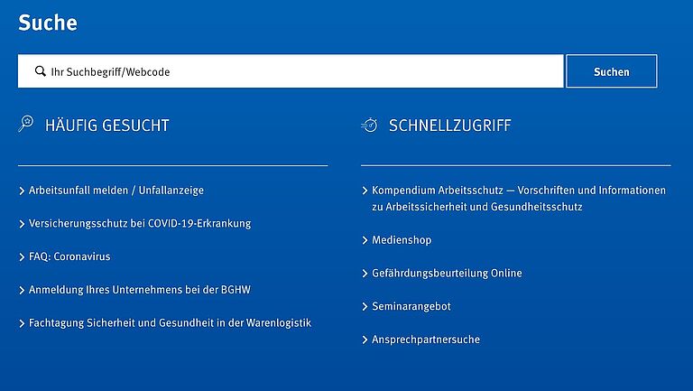 Die Suchmaske auf BGHW.de