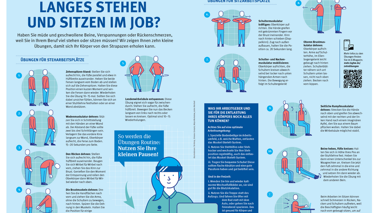 Infografik mit zehn Übungen zu langem Stehen und Sitzen