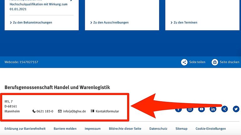 Kontaktinformationen in der Fußzeile (Footer) auf BGHW.de