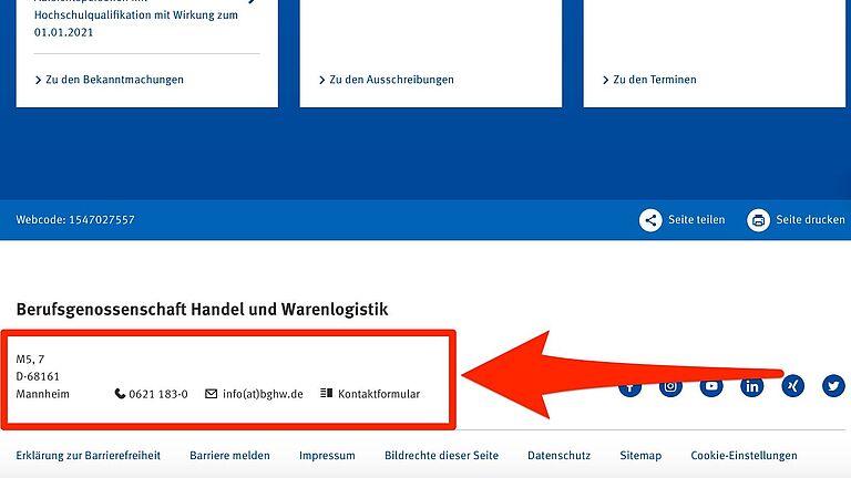 Kontaktinformationen in der Fußzeile (Footer) auf BGHW.de