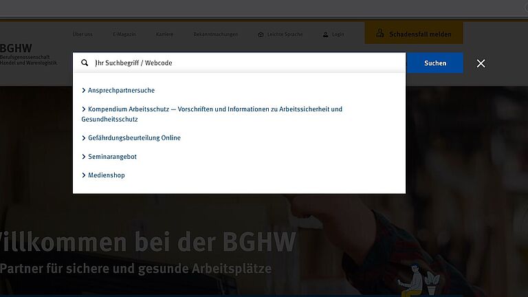 Erklärung des Suchpopups auf der Internetseite der BHGW