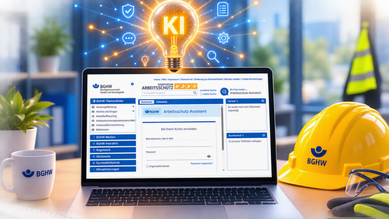 Ein Notebook zeigt auf dem Screen eine Seite aus dem Kompendium Arbeitsschutz der BGHW mit dem KI-Assistenten, darüber leuchtet eine Glühbirne mit der Inschrift "KI", daneben ein gelber Schutzhelm.