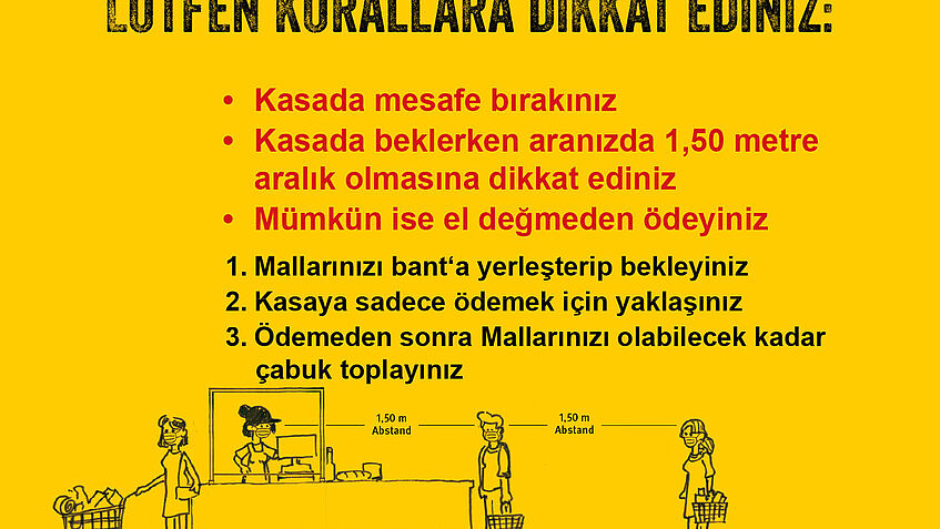 Corona BGHW Hygieneregeln auf gelbem Untergrund in türkischer Sprache 