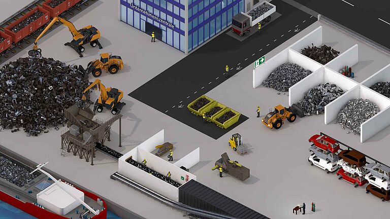 Illustration eines Schrottplatzes mit Maschinen, Fahrzeugen und Mitarbeitenden: Schrotthaufen, Sortierbereiche, Förderanlagen, LKW, Bagger, Radlader und Gabelstapler in verschiedenen Arbeitszonen.