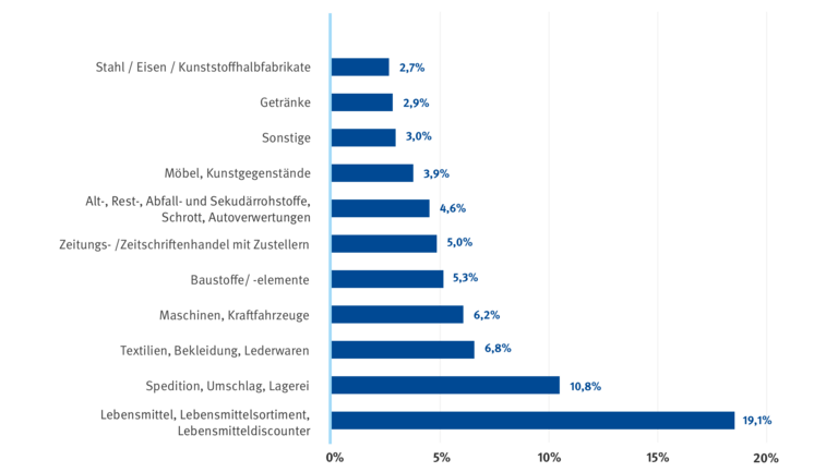 Balkendiagramm: Stahl/ Eisen/ Kunststoffhalbfabrikate 2,7%, Getränke 2,9%, Sonstige 3%, Möbel/ Kunstgegenstände 3,9%, Alt-/Rest-/Abfall- und Sekundärstoffe/ Schrott/ Autoverwertungen 4,6%, Zeitungs-/Zeitschriftenhandel mit Zustellern 5%, Baustoff/-elemente 5,3%, Maschinen/Kraftfahrzeuge 6,2%, Textilien/ Bekleidung/ Lederwaren 6,8%, Spedition/ Umschlag/ Lagerei 10,8%, Lebensmittel 19,1%