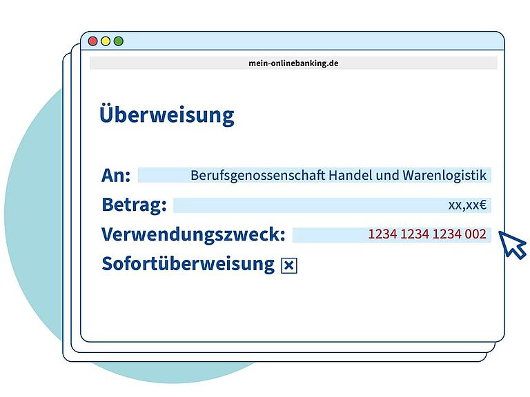 Zeichnung: Online-Banking mit Überweisung. Beim Verwendungszweck befindet sich mit Mauspfeil die 15-stellige Unternehmensnummer.