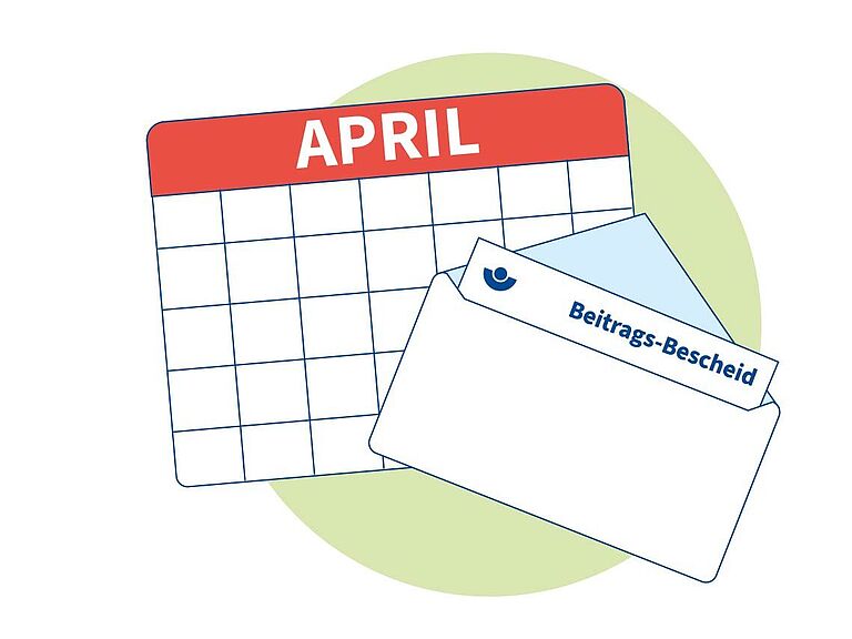 Zeichnung. Geöffneter Brief. Inhalt ist der Beitragsbescheid. Im Hintergrund ein Kalender mit der Aufschrift April.